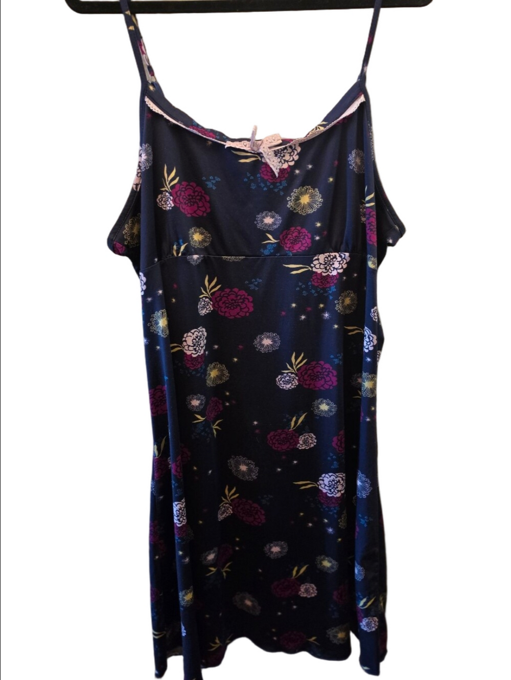 Y2K Navy Floral Satin Slip Dress Lace Bow Spaghetti Strap Lingerie 22" P2P
